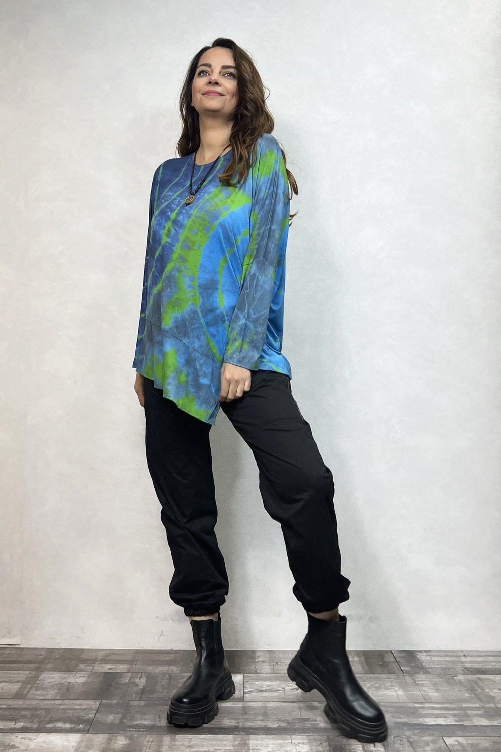 Asimetrik Bluz - Mavi Yeşil Batik