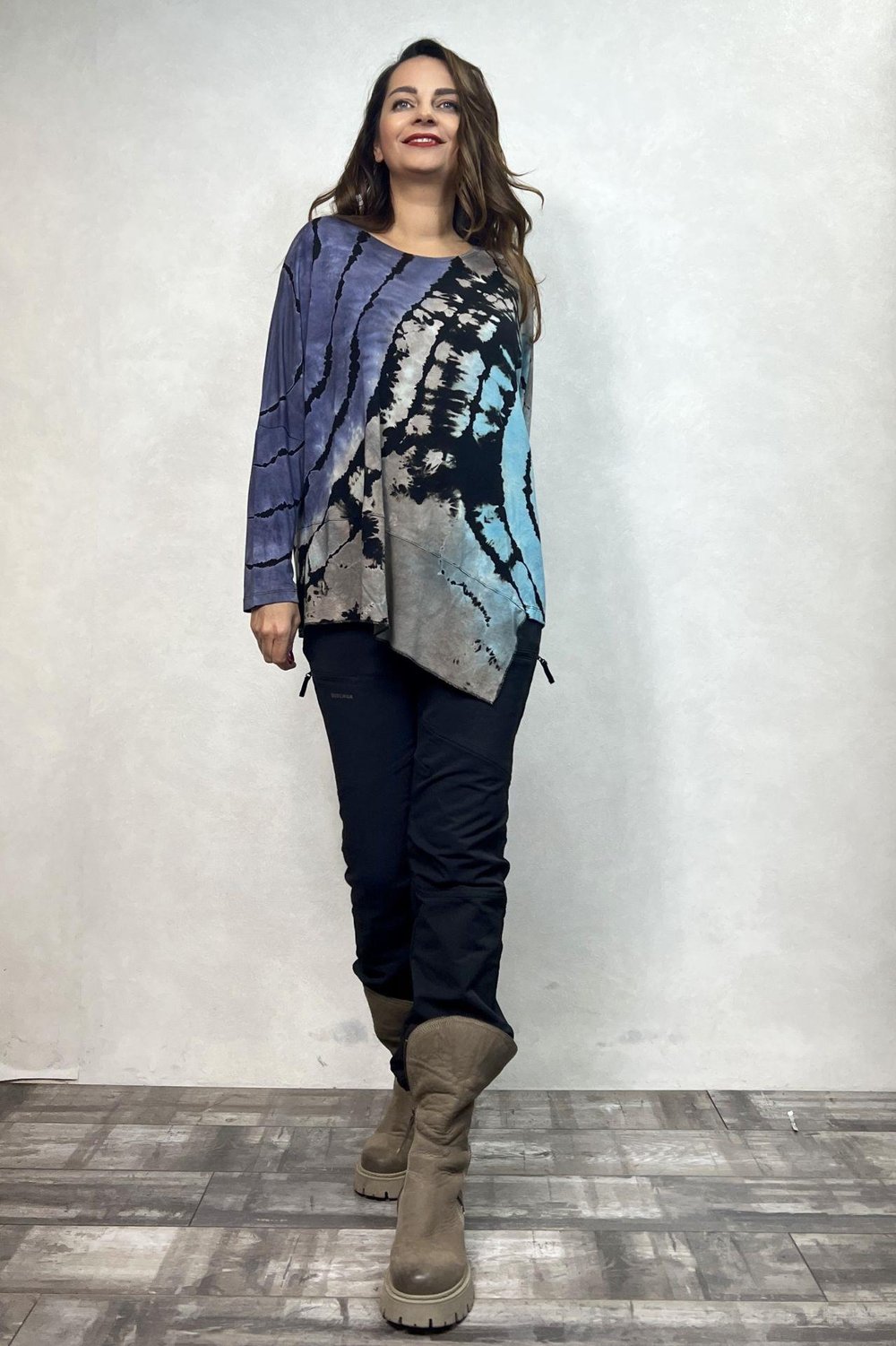 Asimetrik Bluz - Siyah Turkuaz Batik