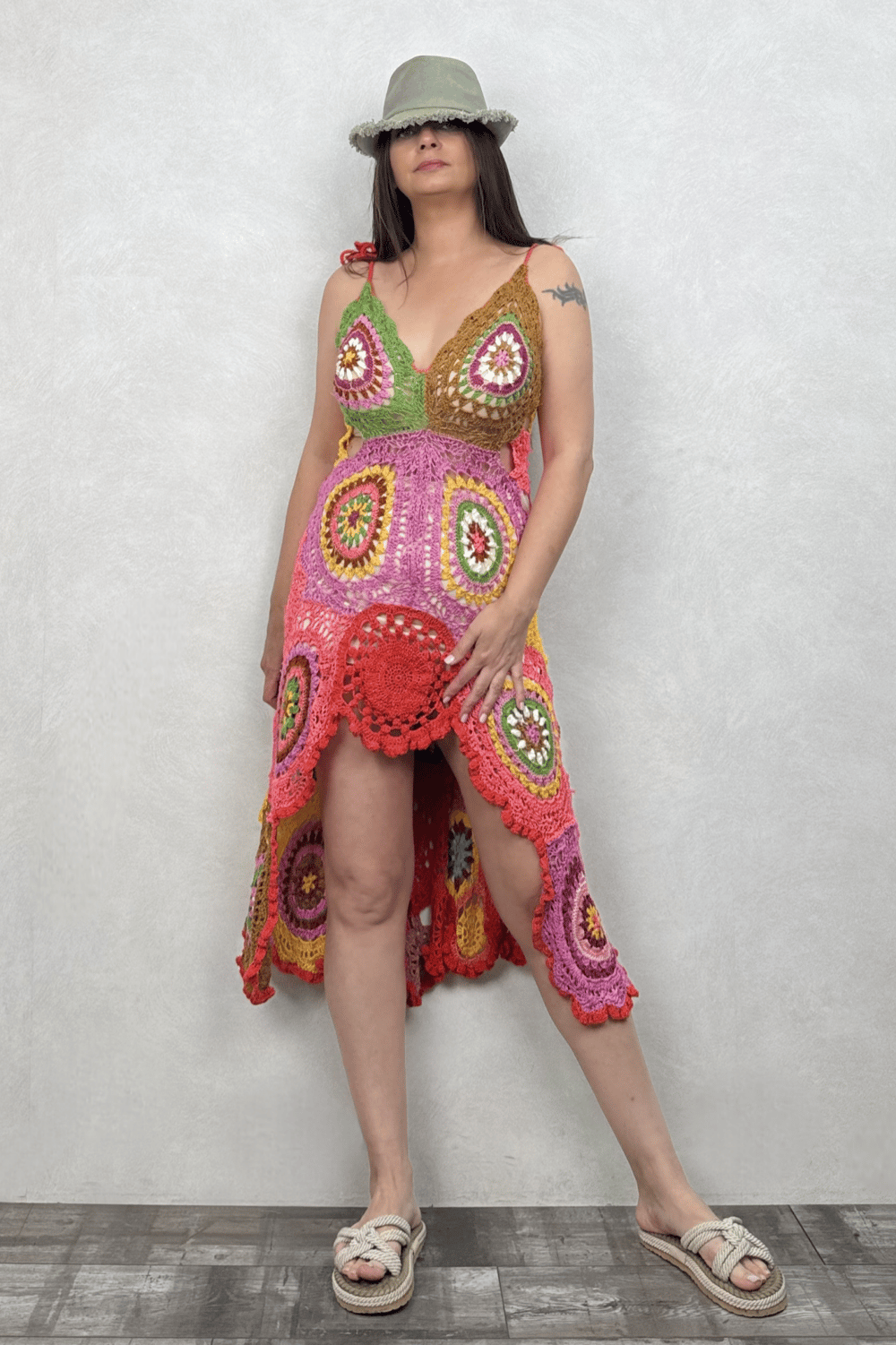 Asimetrik Hand Made Motif Elbise - Çok Renkli