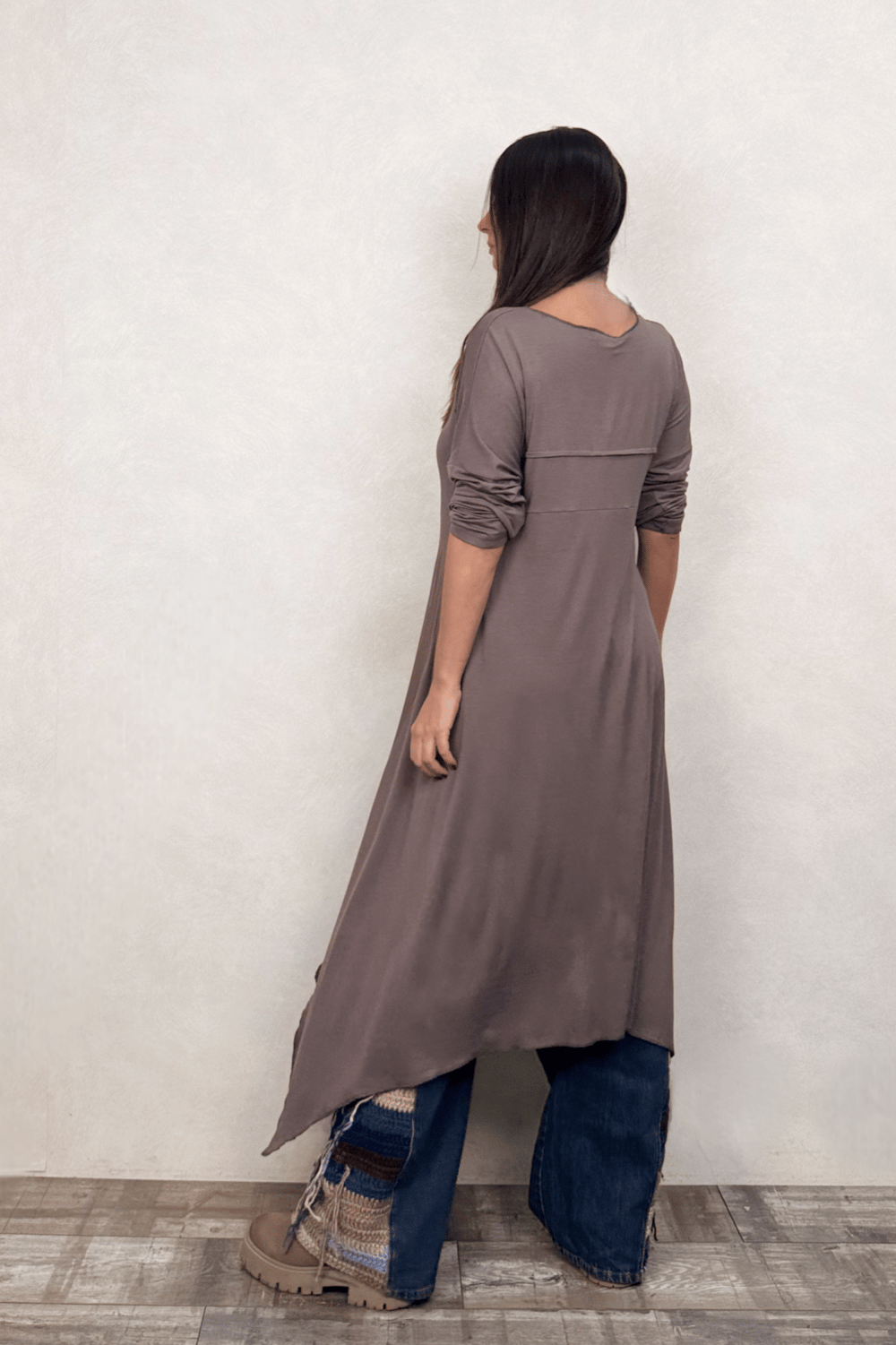 Asimetrik Maxi Uzun Tunik Elbise - Vizon