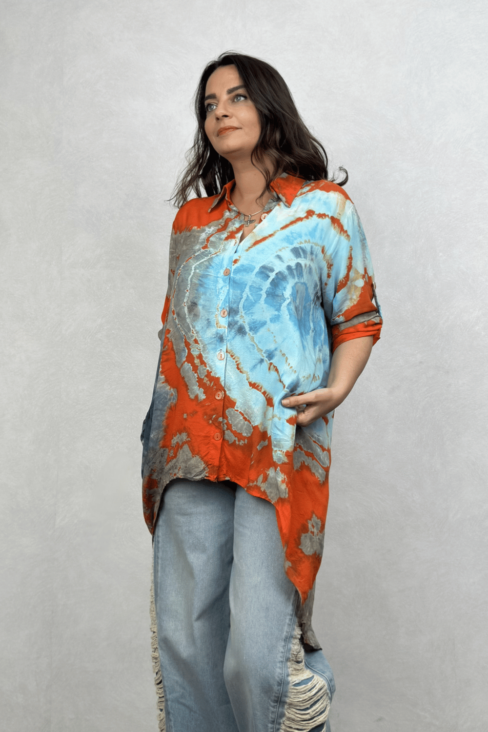 Asimetrik Tasarım Tunik Gömlek - Turuncu Batik
