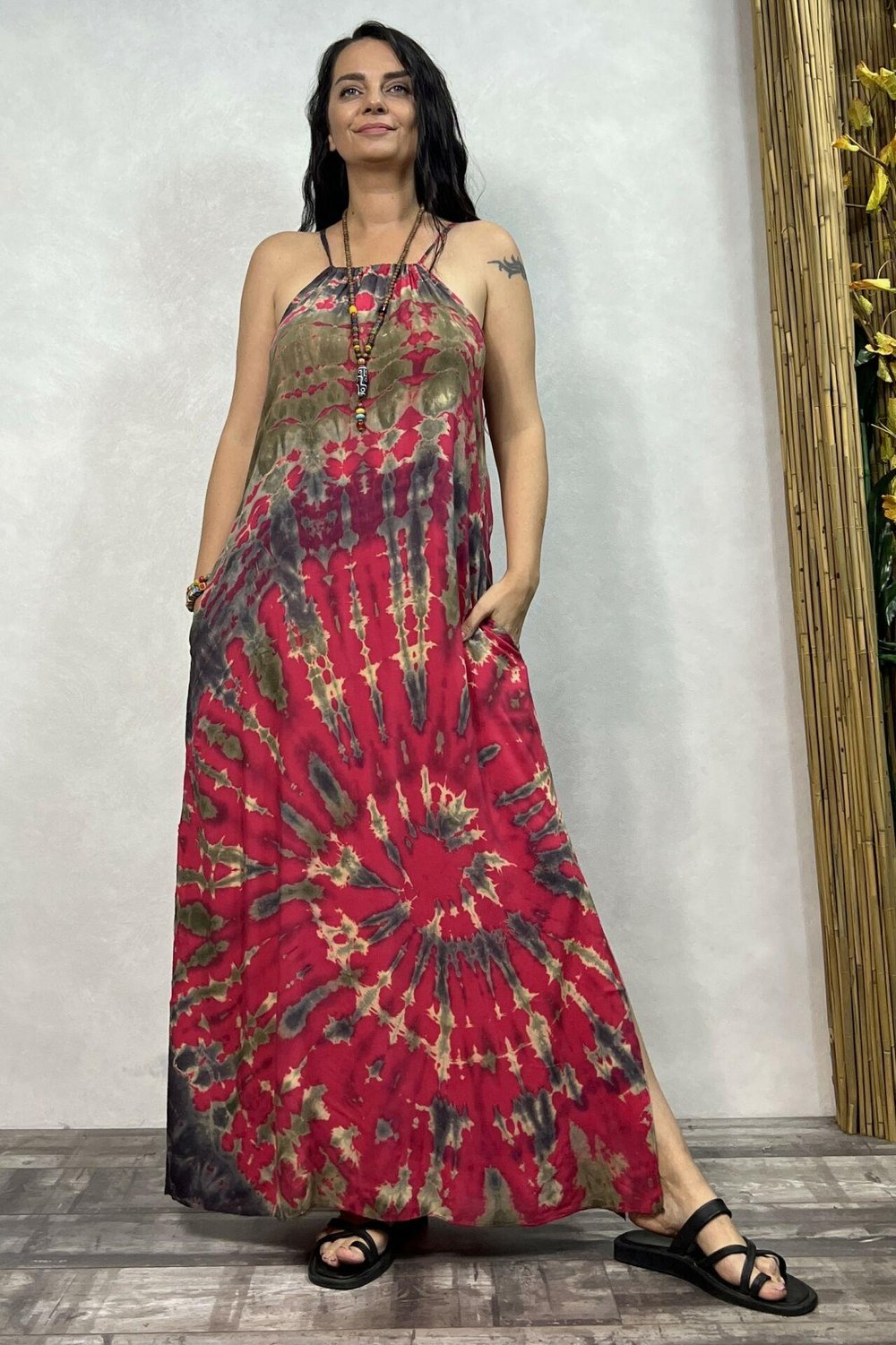 Batik Yırtmaçlı Elbise - Pembe