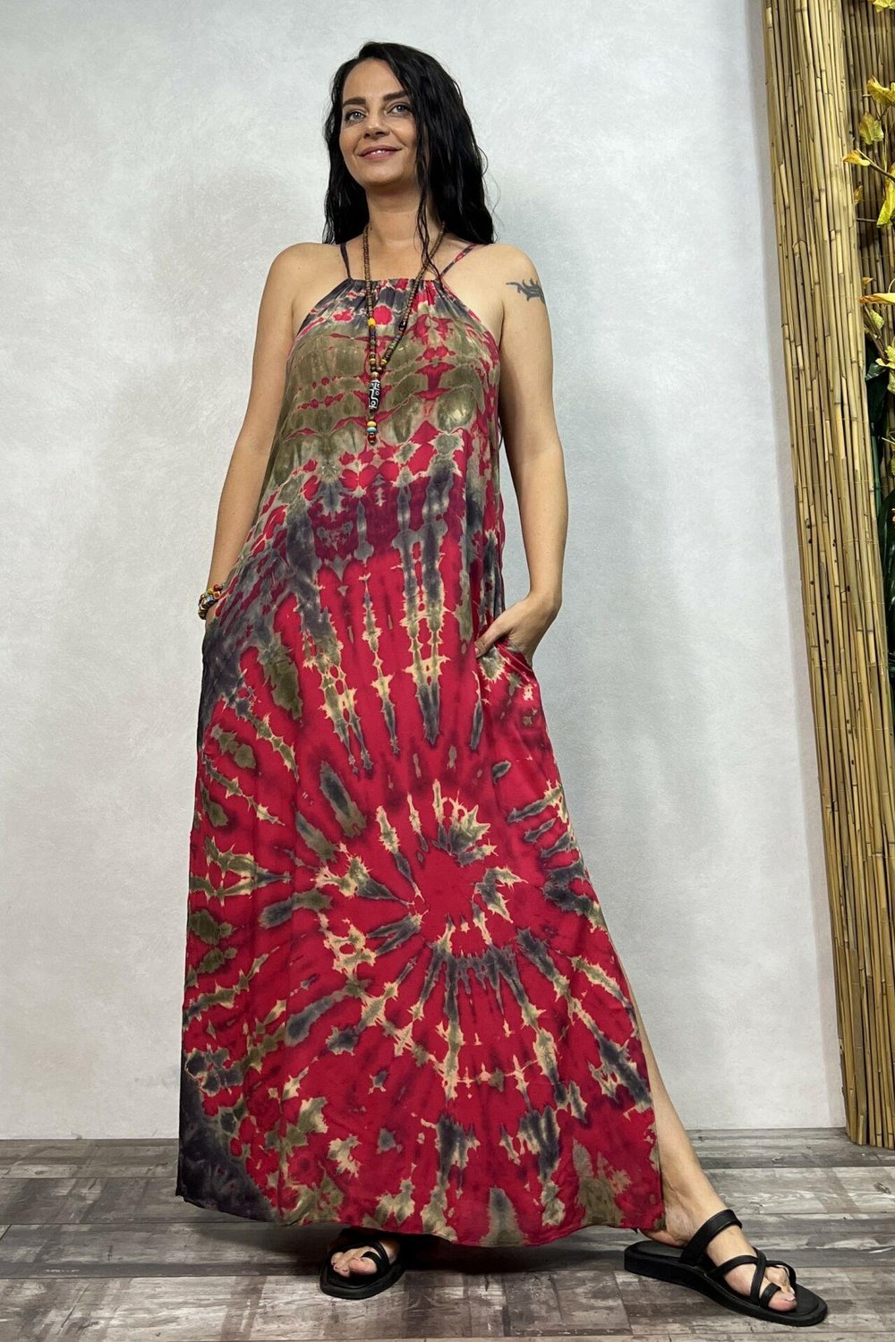 Batik Yırtmaçlı Elbise - Pembe