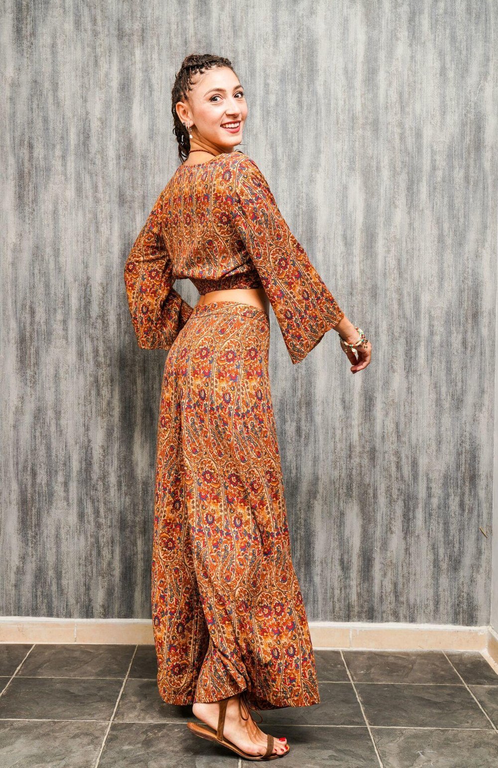 Bohem Crop Gömlek Bluz - Hardal Desenli