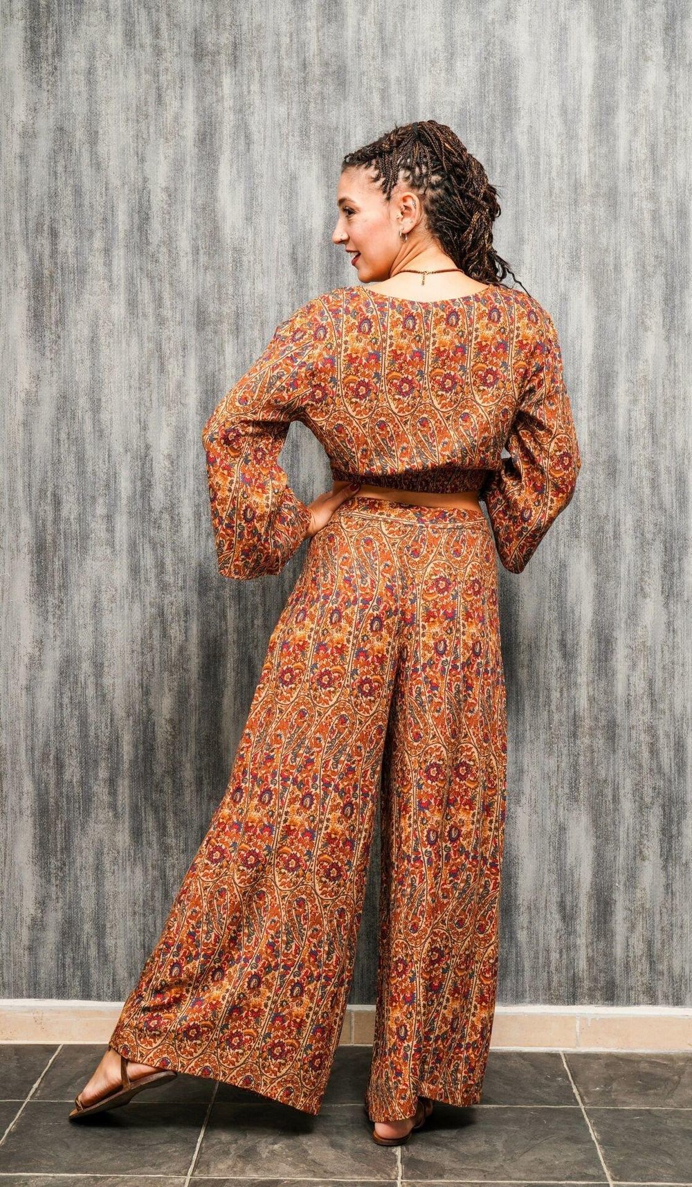 Bohem Crop Gömlek Bluz - Hardal Desenli