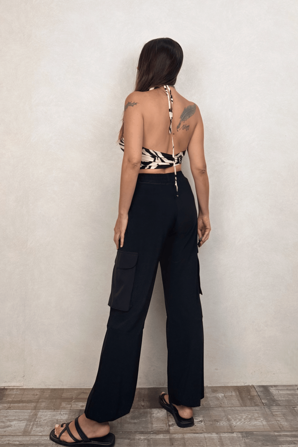 Boyundan Bağlamalı Kuplu Crop Bluz -Beyaz Zebra