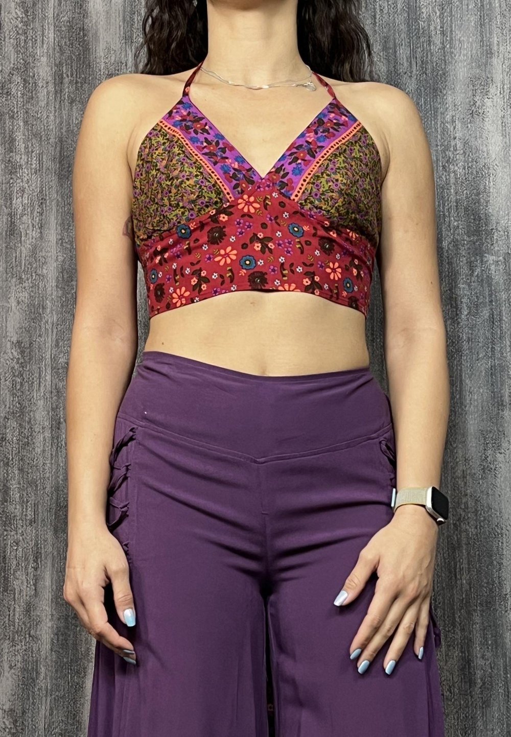Boyundan Bağlamalı Kuplu Desenli Crop Bluz -Pembe