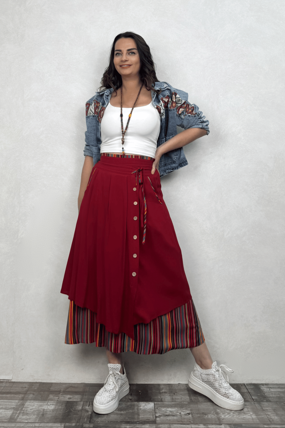 Çift Katlı Polly Gypsy Etek - Kırmızı