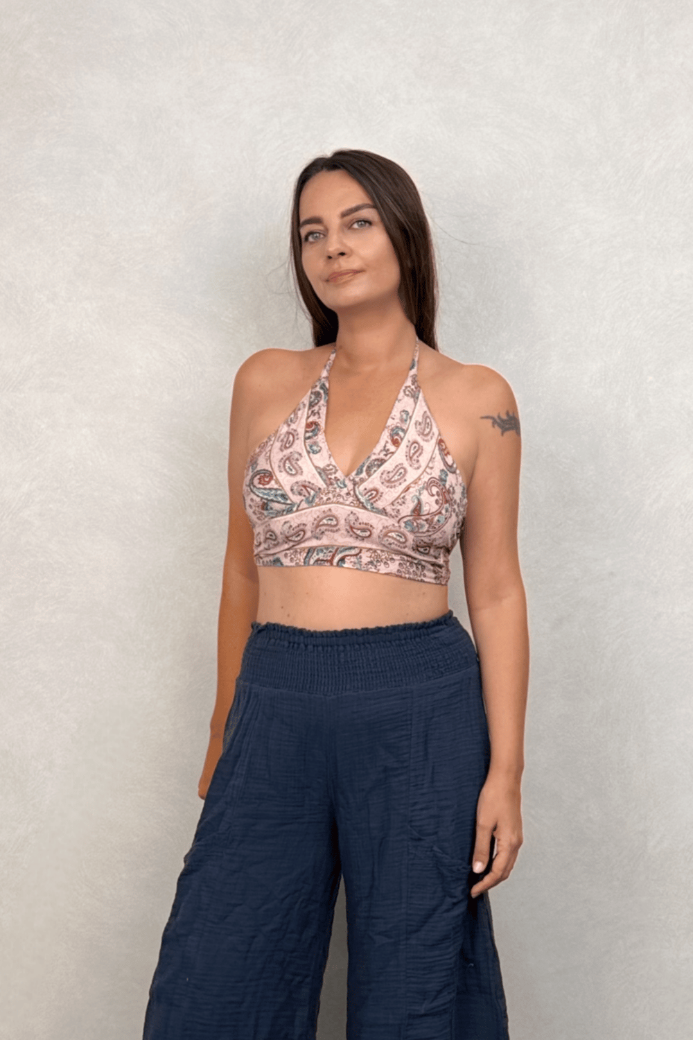 Çift Taraflı İpek Crop - Mavi Toz Pembe