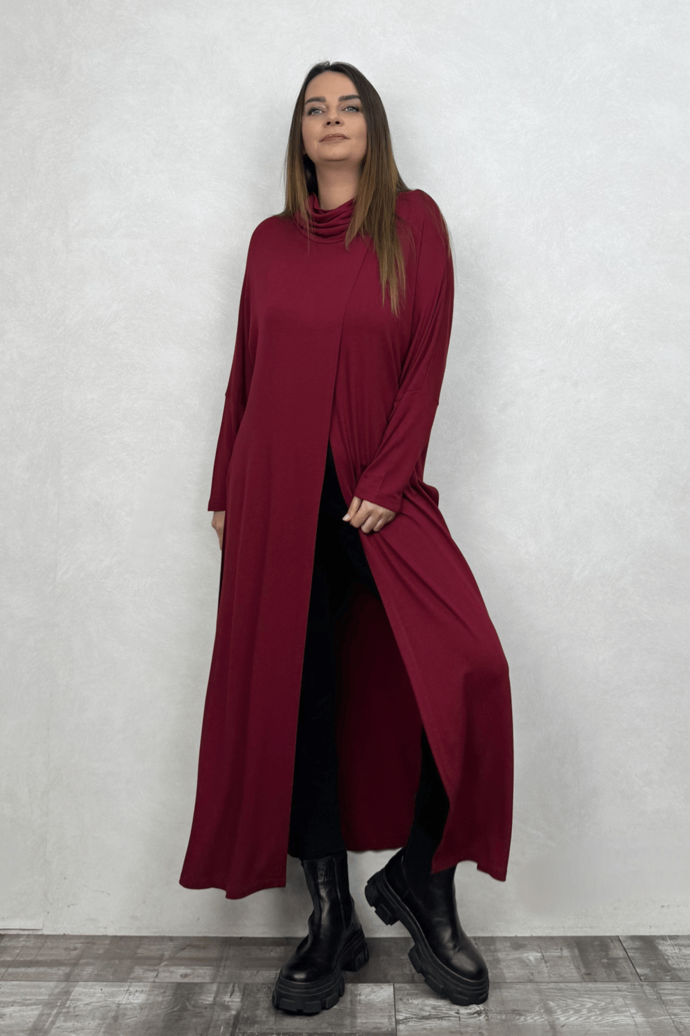 Degaje Yırtmaçlı Triko Tunik - Bordo