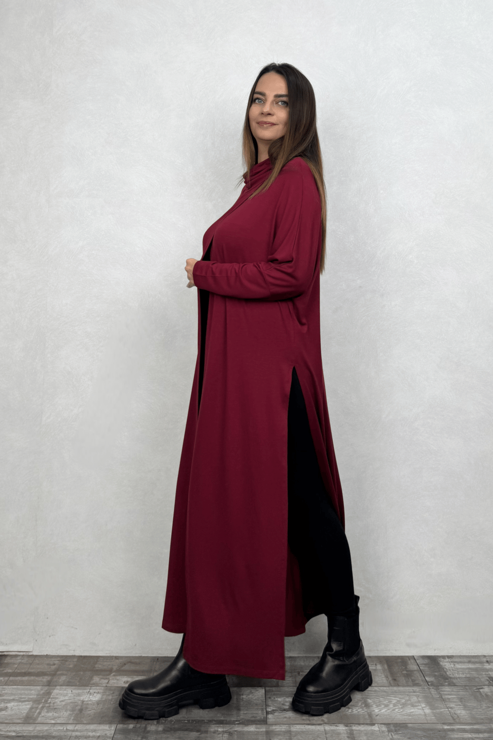 Degaje Yırtmaçlı Triko Tunik - Bordo