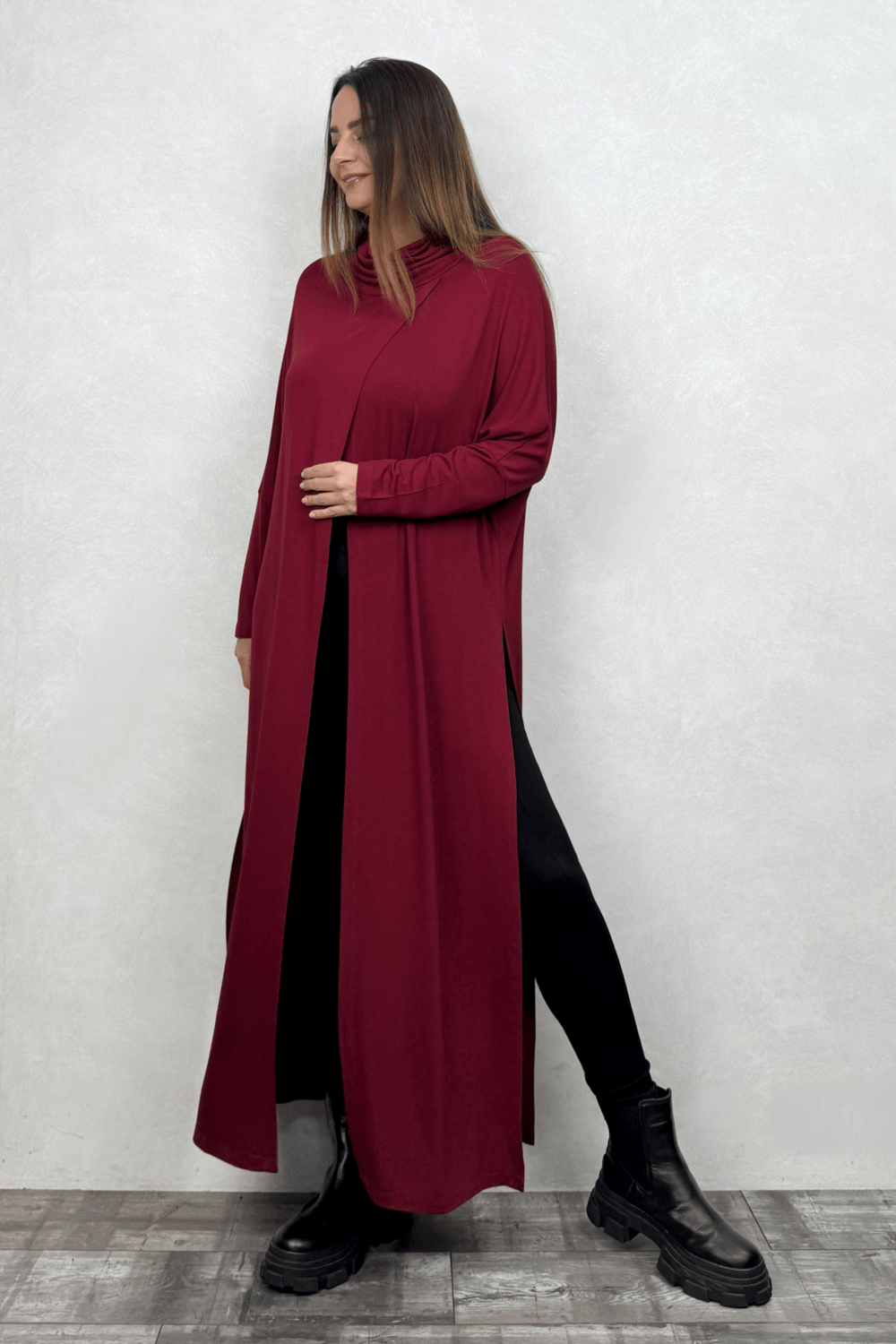 Degaje Yırtmaçlı Triko Tunik - Bordo
