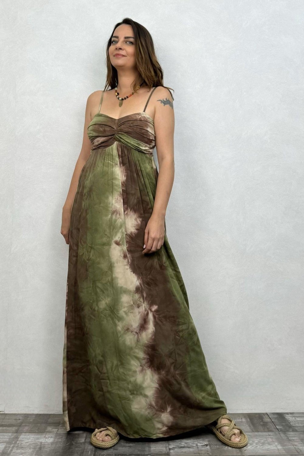 Düğüm Detaylı Batik Elbise - Haki