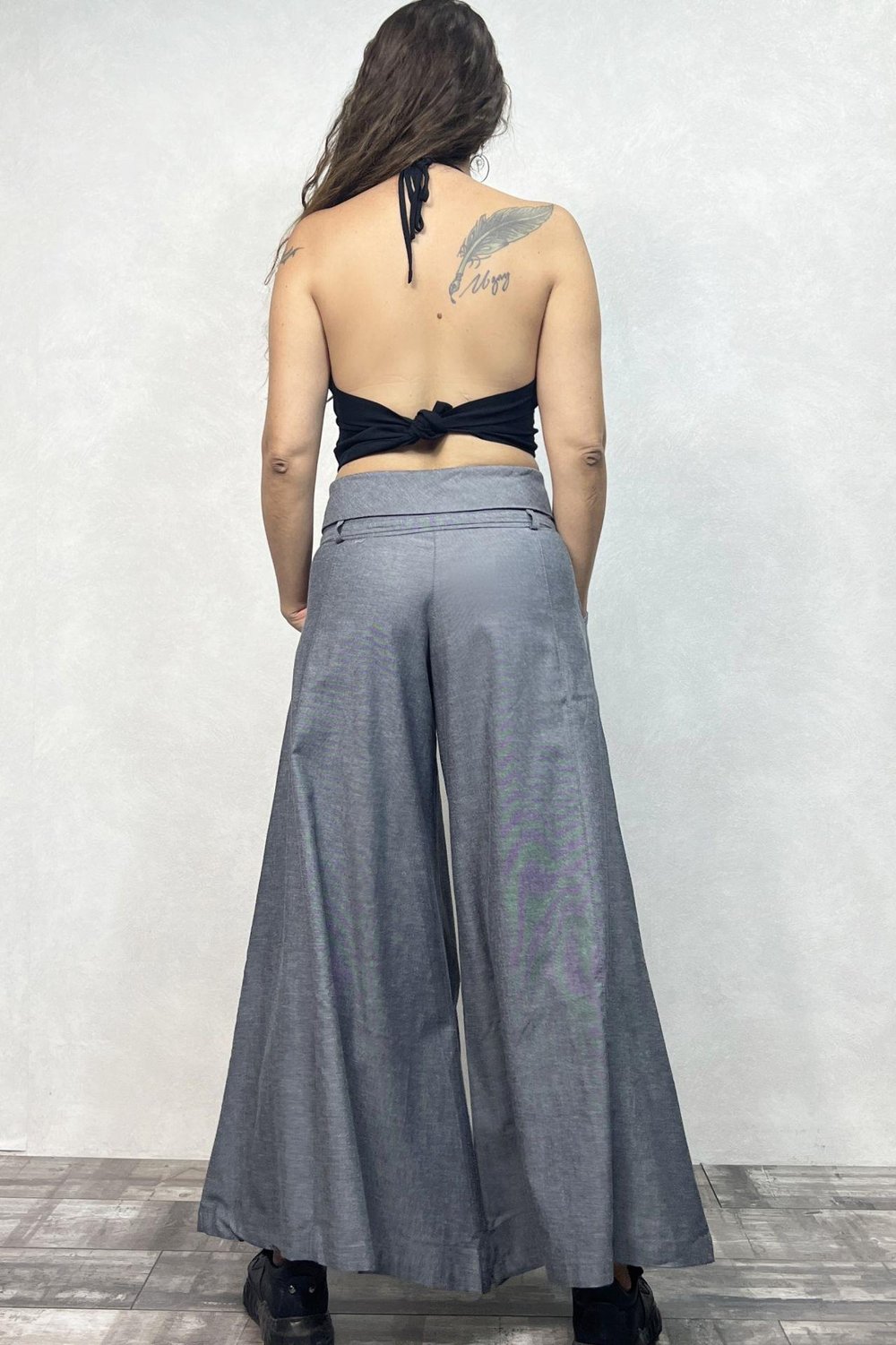 Düşük Bel Düğmeli Bol Paça Pantolon - Gri