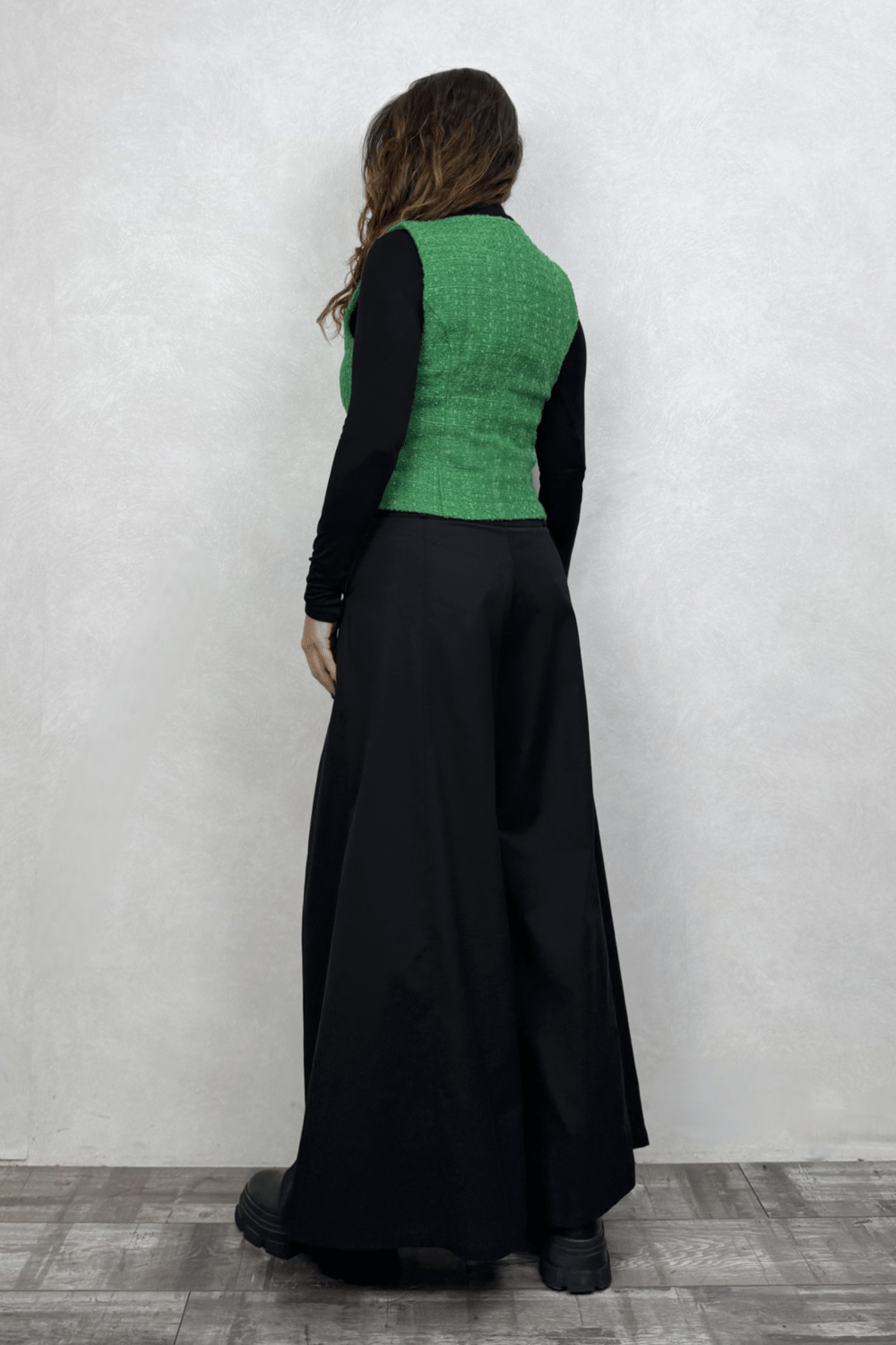 Düşük Bel Düğmeli Bol Paça Pantolon - Siyah