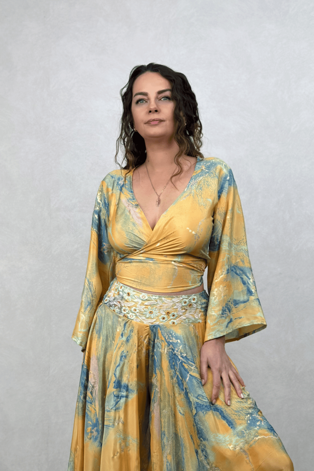Düz Kol İpek Bolero Bluz - Sarı
