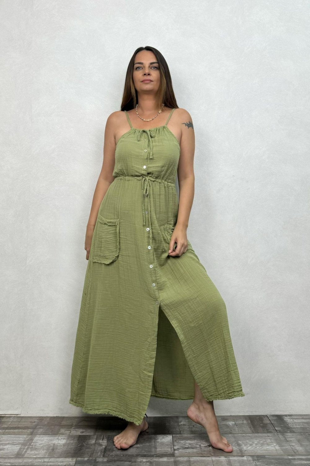 Egina Müslin Elbise Sage Green- Yeşil
