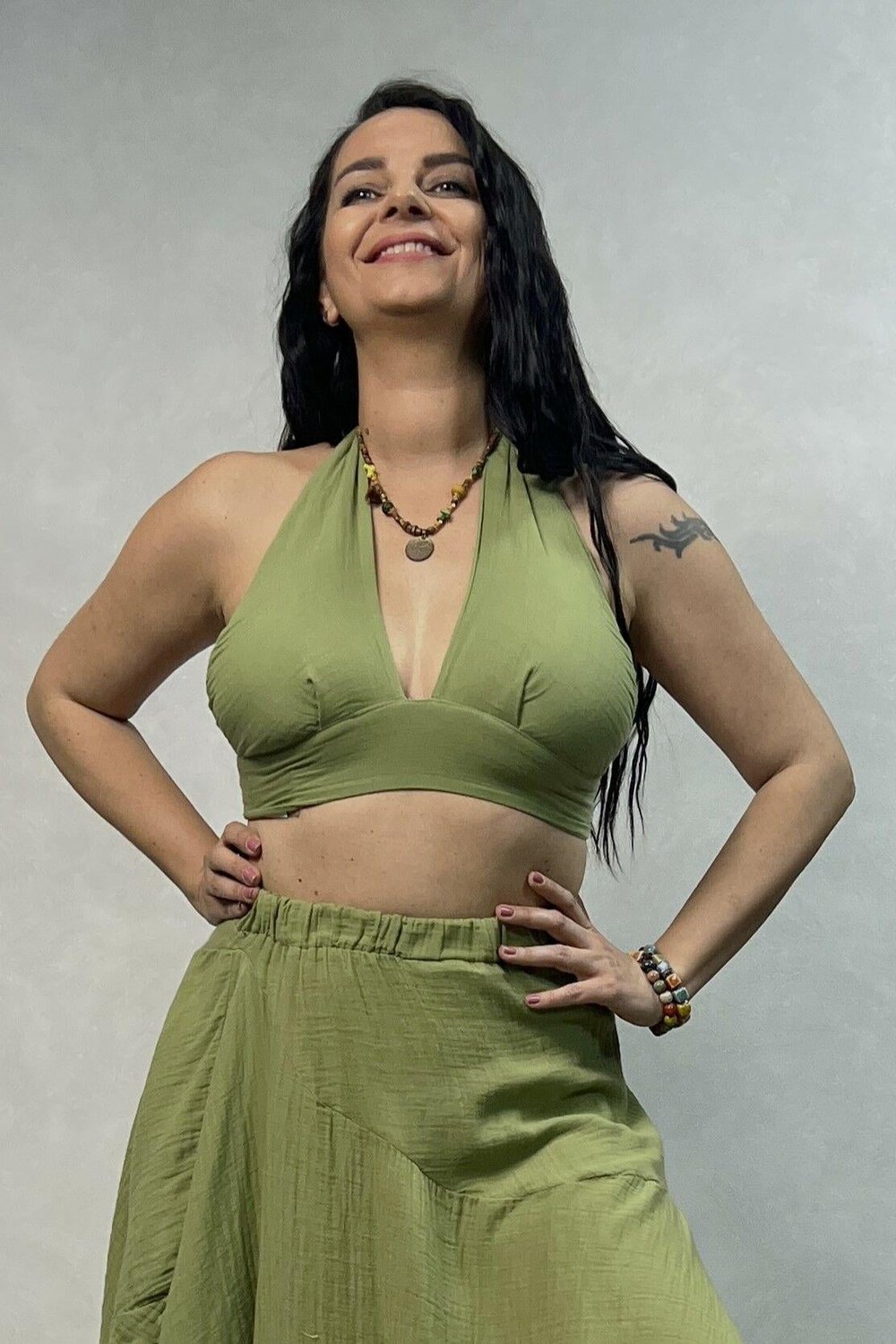 Eve Bağlamalı Müslin Crop Top Sage Green - Yeşil