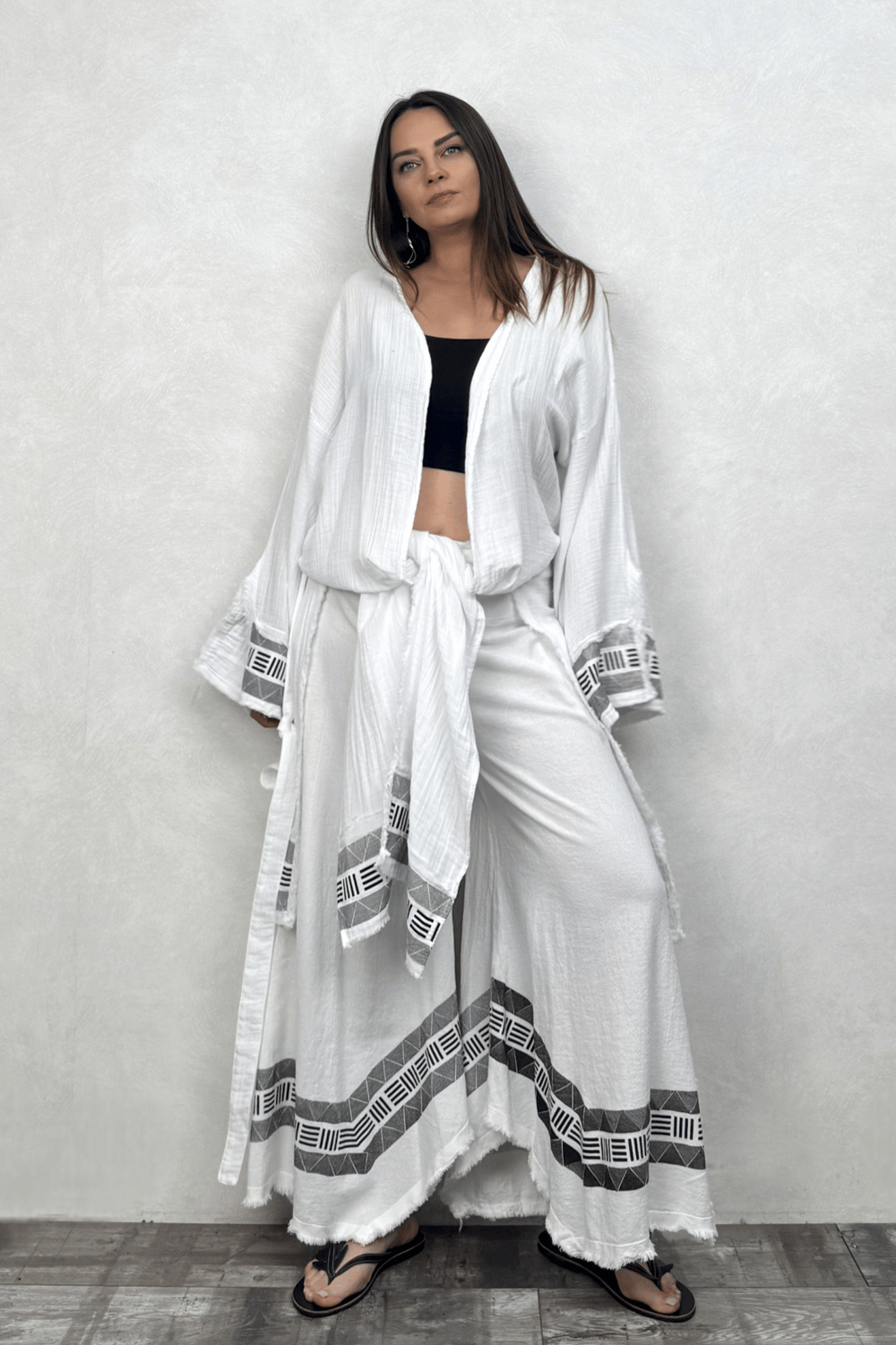 Frig Baskılı Müslin Kaftan - Beyaz