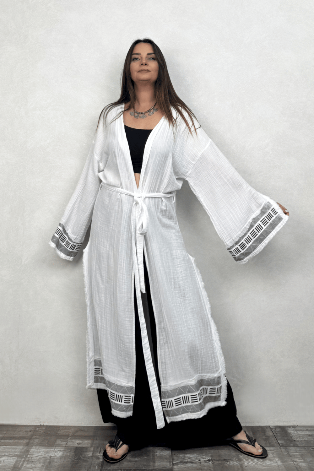 Frig Baskılı Müslin Kaftan - Beyaz