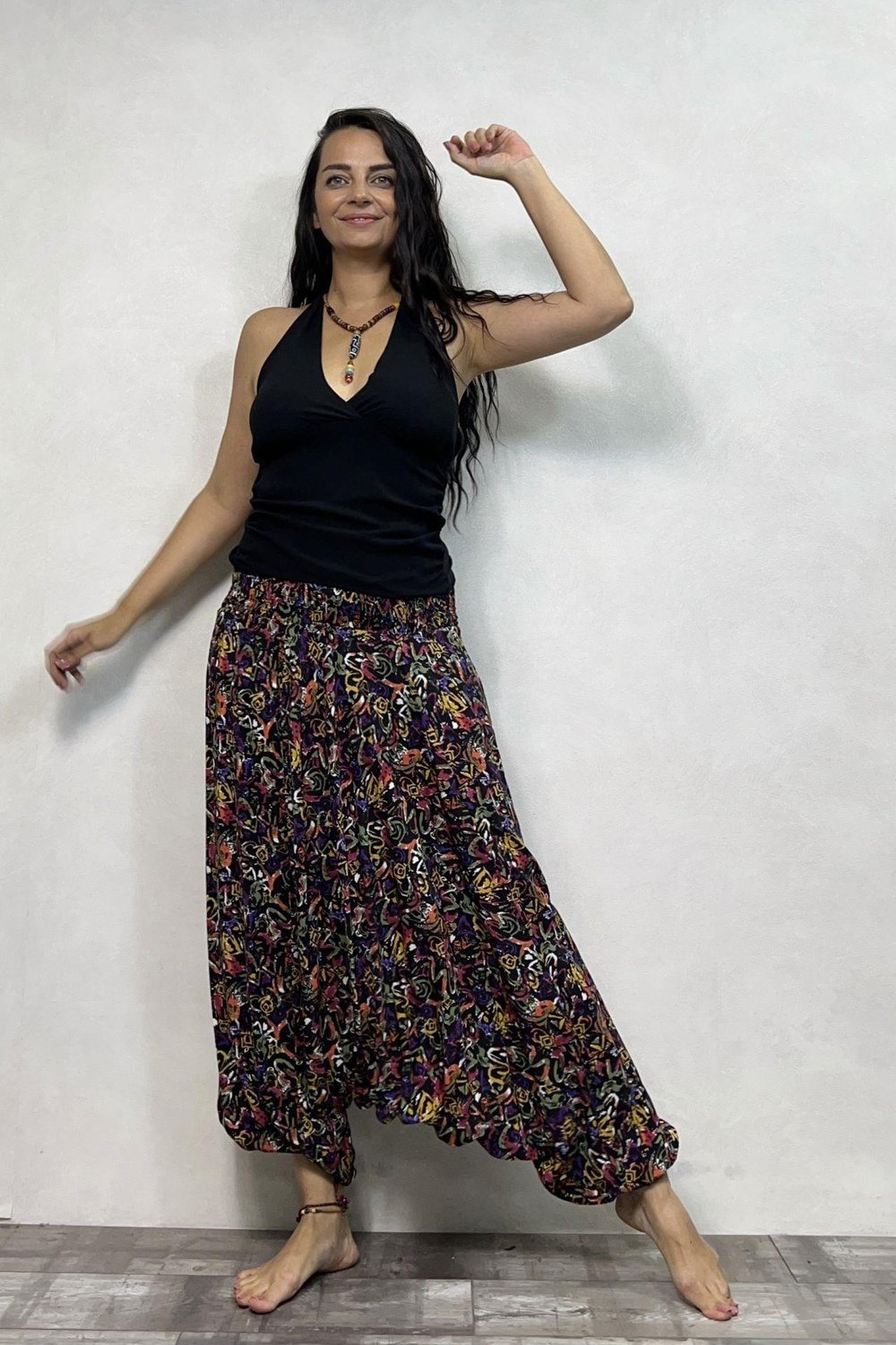 Gipe Bel Detaylı Bohem Şalvar - Siyah Desenli