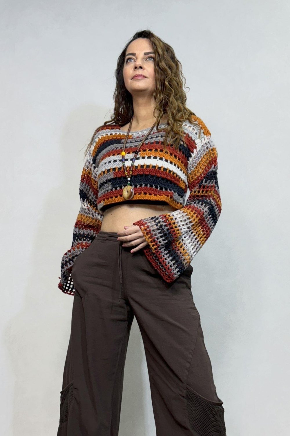İspanyol Kol Batik Örgü Crop Kazak- Toprak