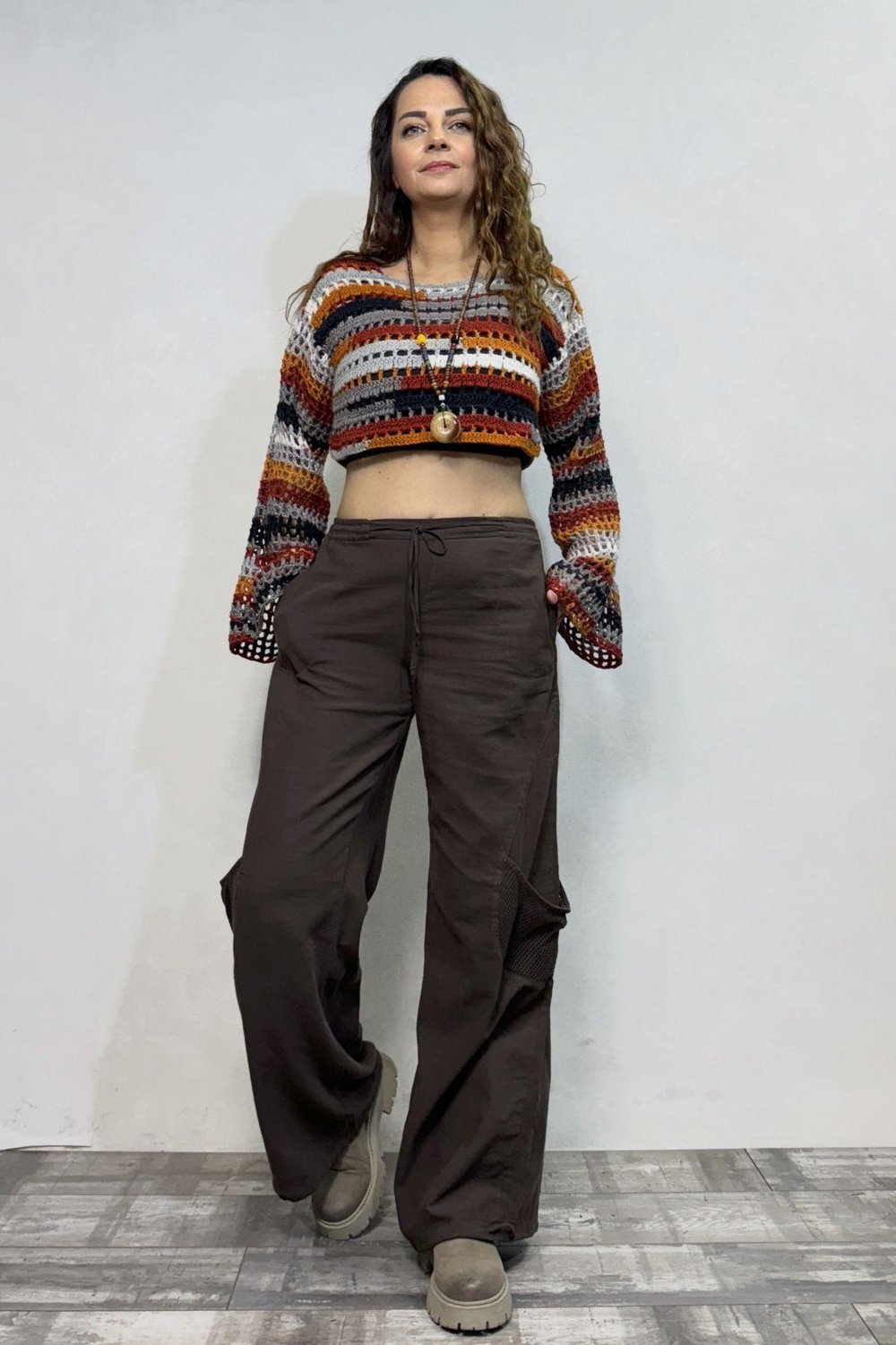 İspanyol Kol Batik Örgü Crop Kazak- Toprak
