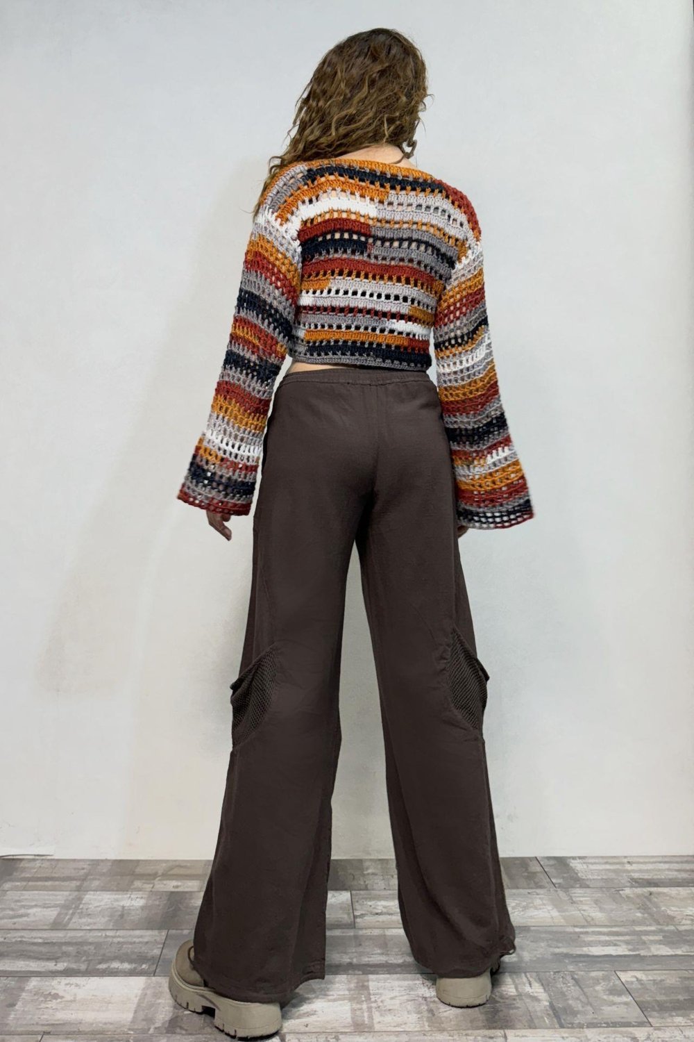 İspanyol Kol Batik Örgü Crop Kazak- Toprak