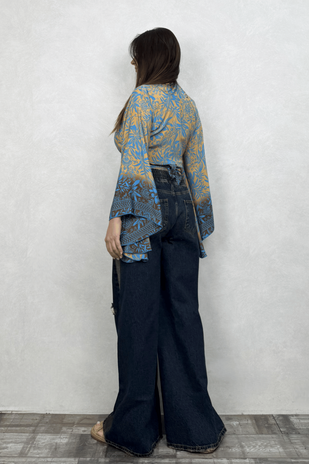 Kimono Kol İpek Bolero Bluz - Mavi Gold