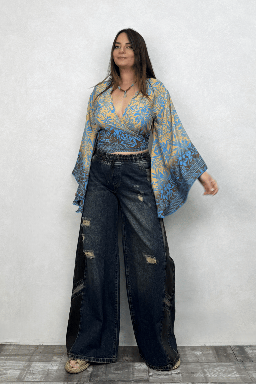 Kimono Kol İpek Bolero Bluz - Mavi Gold