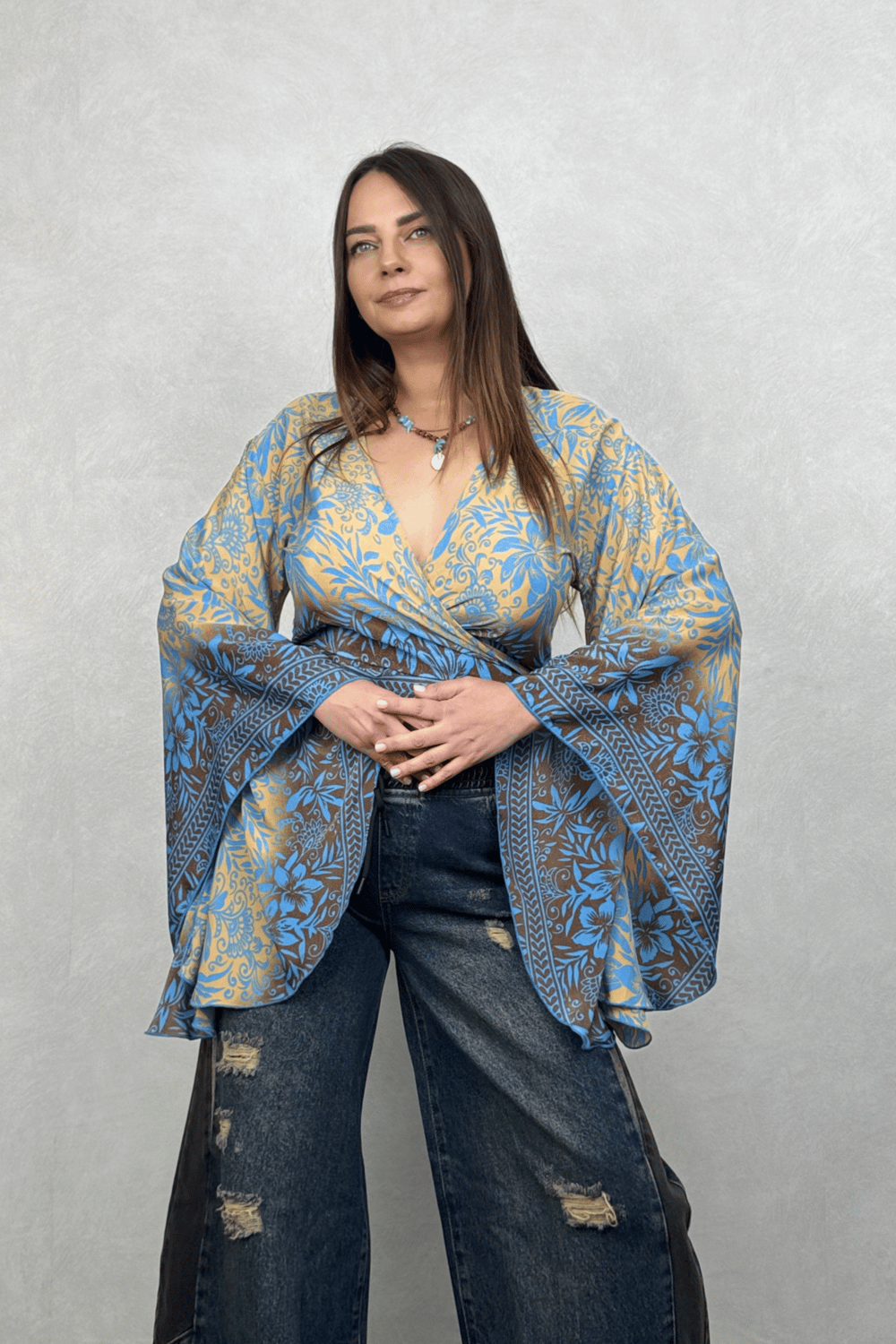 Kimono Kol İpek Bolero Bluz - Mavi Gold
