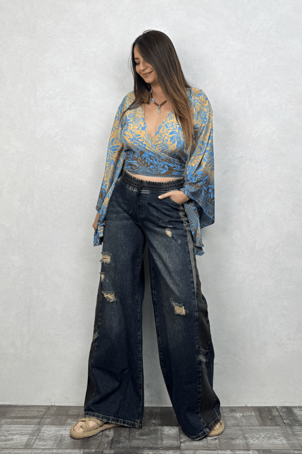 Kimono Kol İpek Bolero Bluz - Mavi Gold