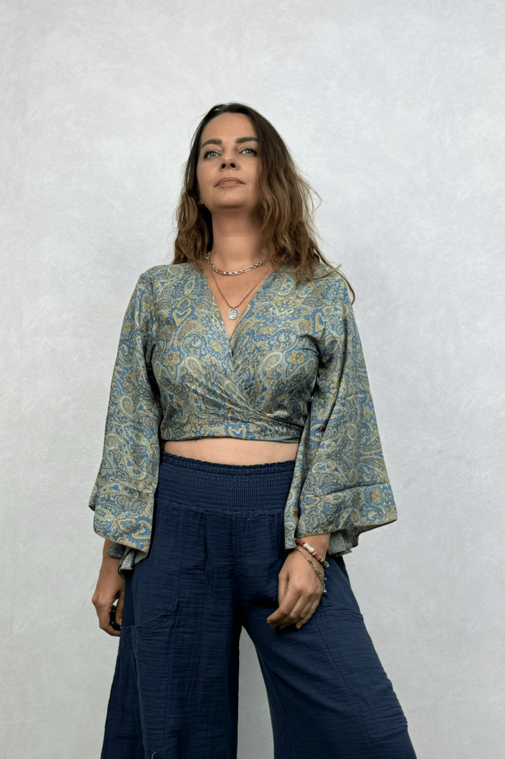 Kimono Kol İpek Bolero Bluz - Yeşil Sarı