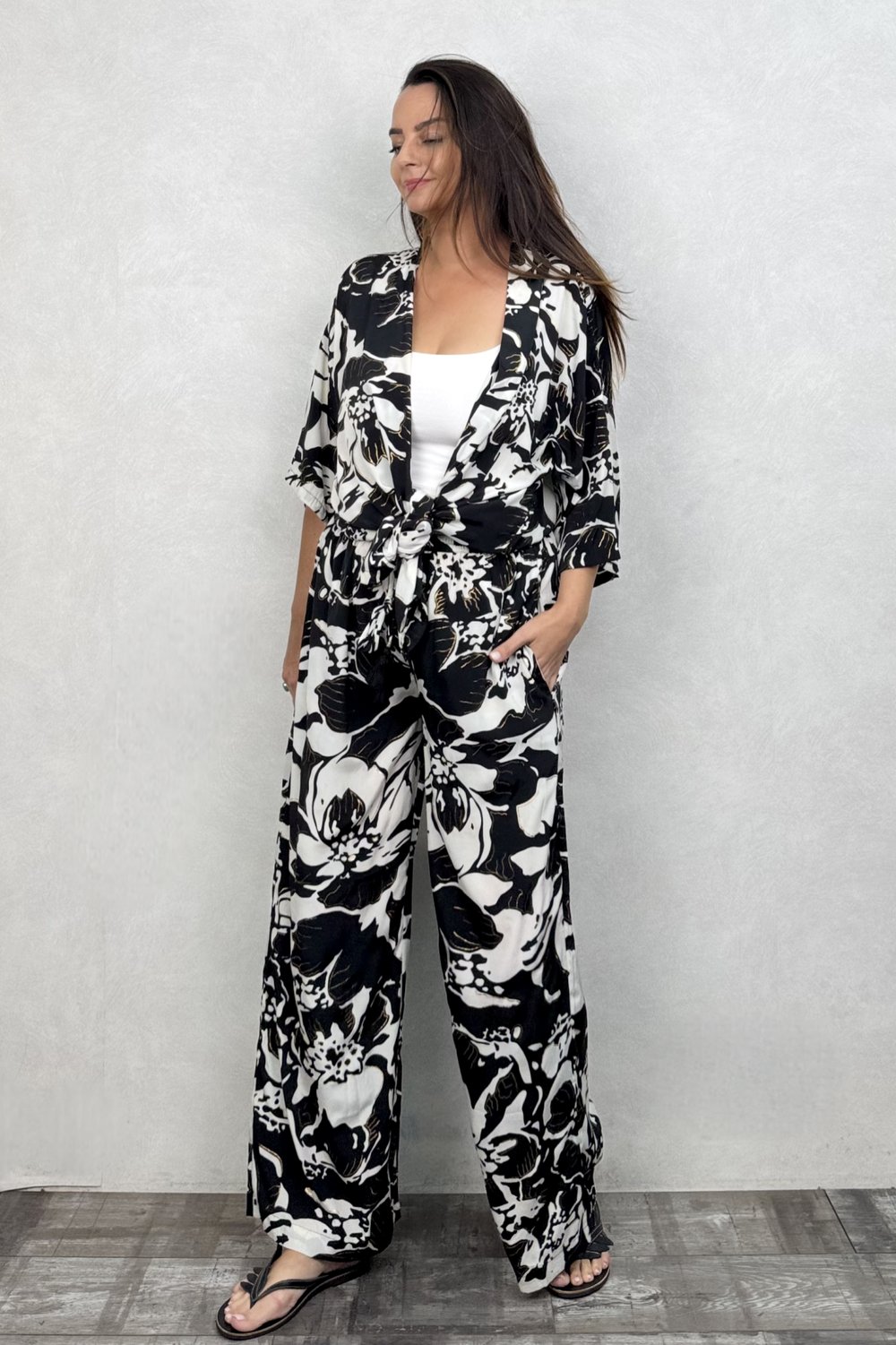 Kybele Kimono Pantolon Takım - Siyah Beyaz