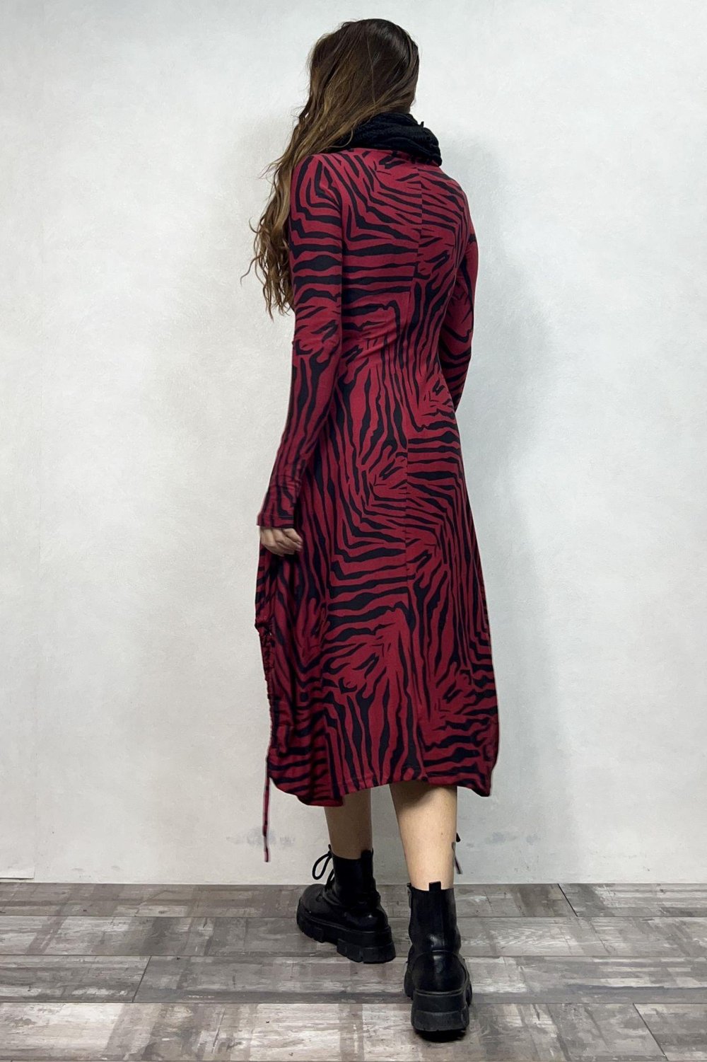 Layla Kayık Yaka Bohem Kışlık Elbise - Bordo Zebra