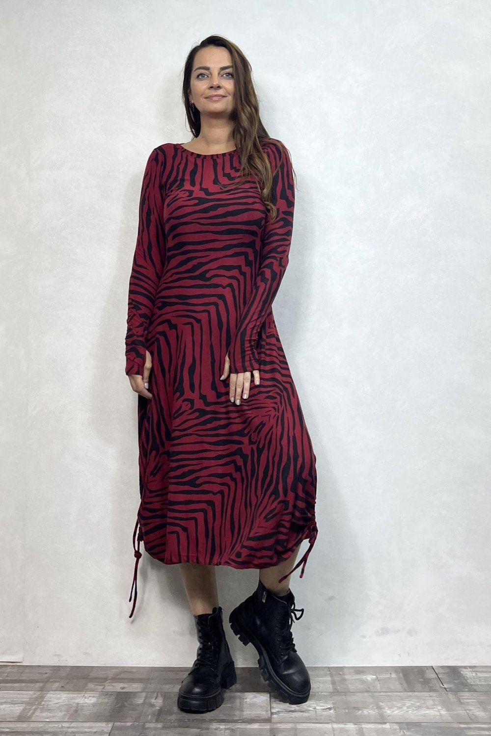 Layla Kayık Yaka Bohem Kışlık Elbise - Bordo Zebra