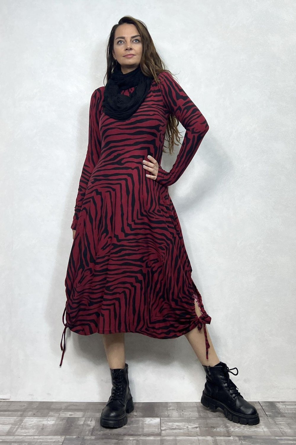Layla Kayık Yaka Bohem Kışlık Elbise - Bordo Zebra