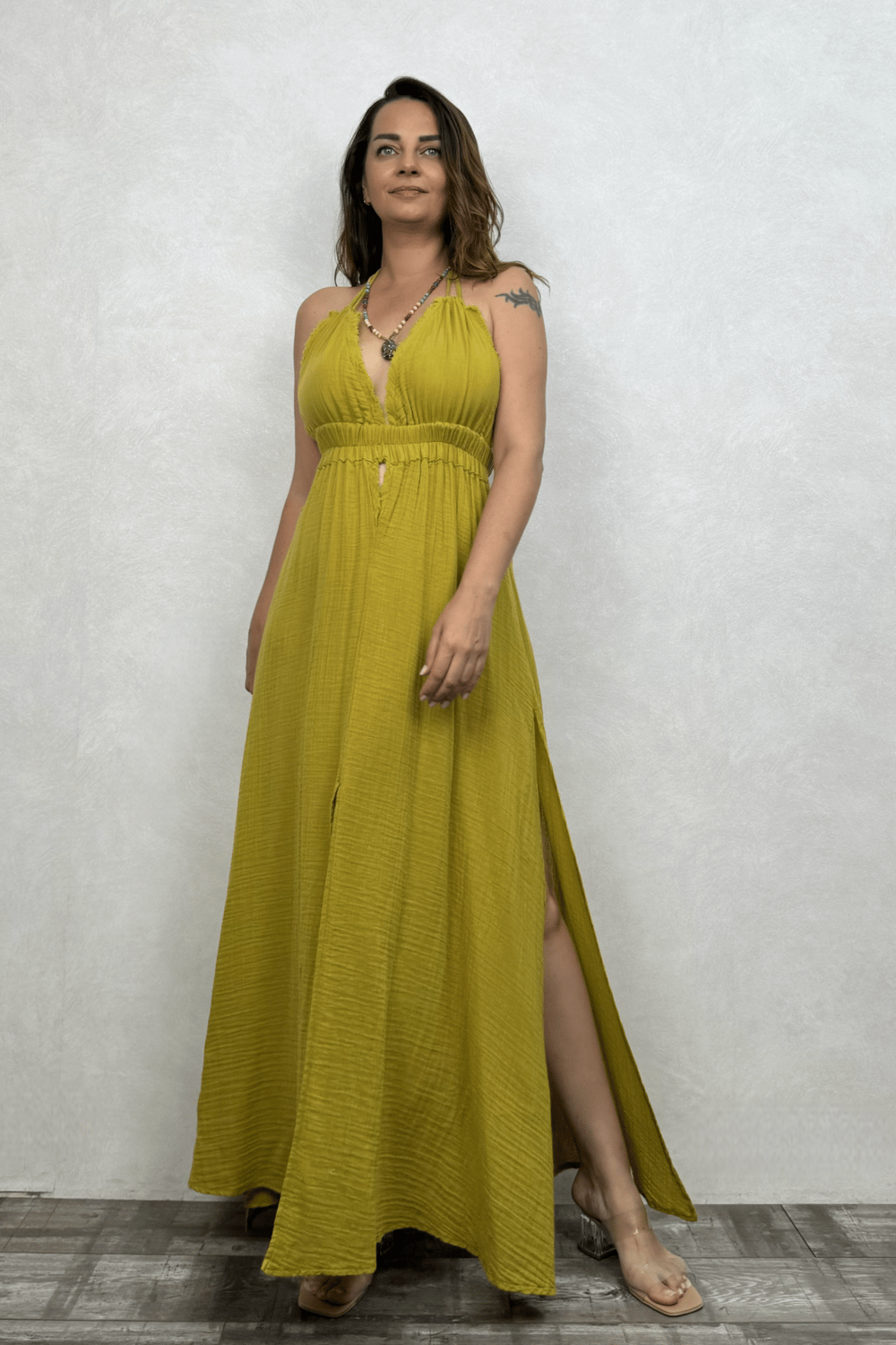 Blanca Lilith Elbise - Golden Olive Limon Küfü