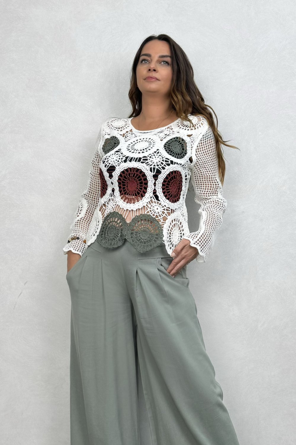 Mandala Desen Dantel Bluz - Beyaz