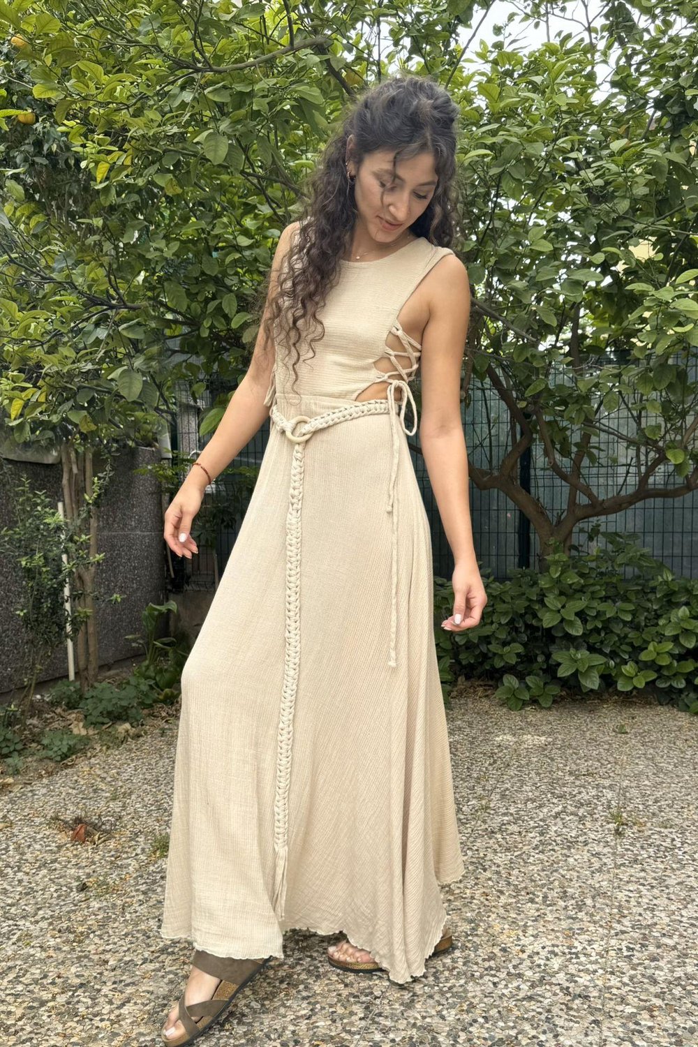 Blanca Olivia Nature Müslin Elbise -Bej