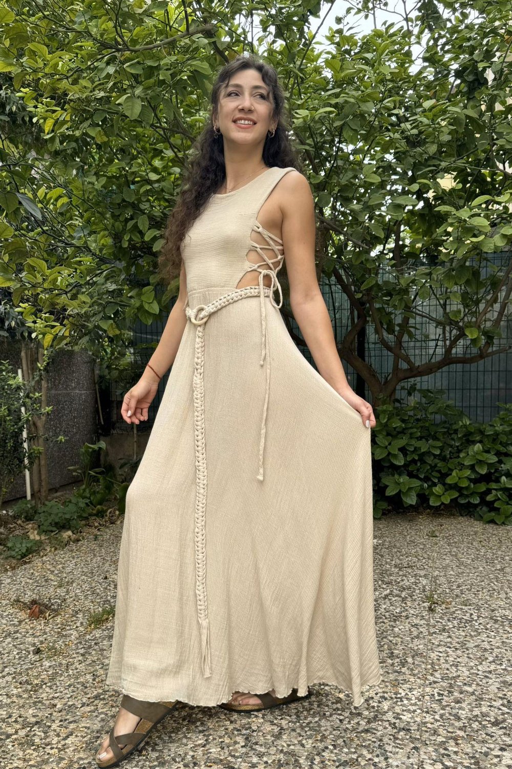 Blanca Olivia Nature Müslin Elbise -Bej