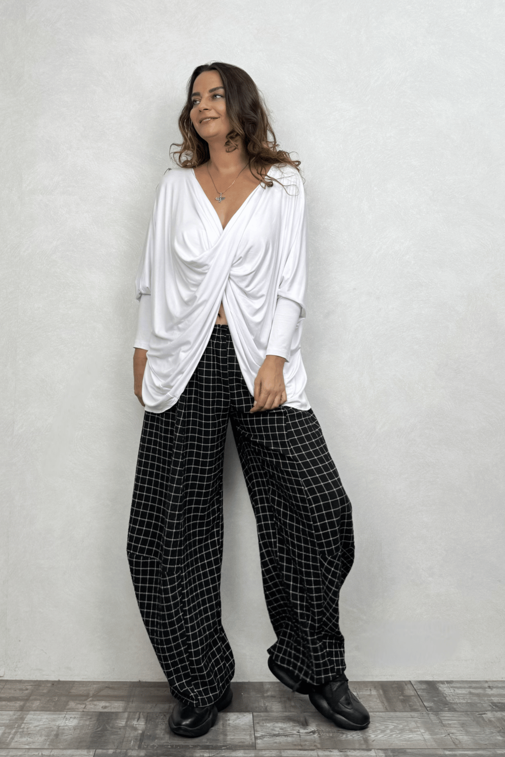 Paça Detaylı Gofre Pantolon - Siyah Mini Ekose