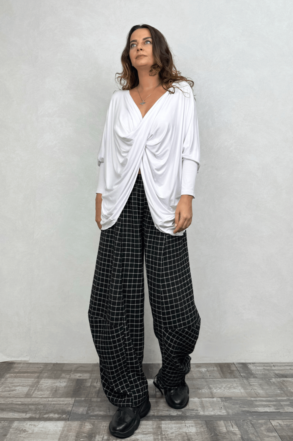 Paça Detaylı Gofre Pantolon - Siyah Mini Ekose