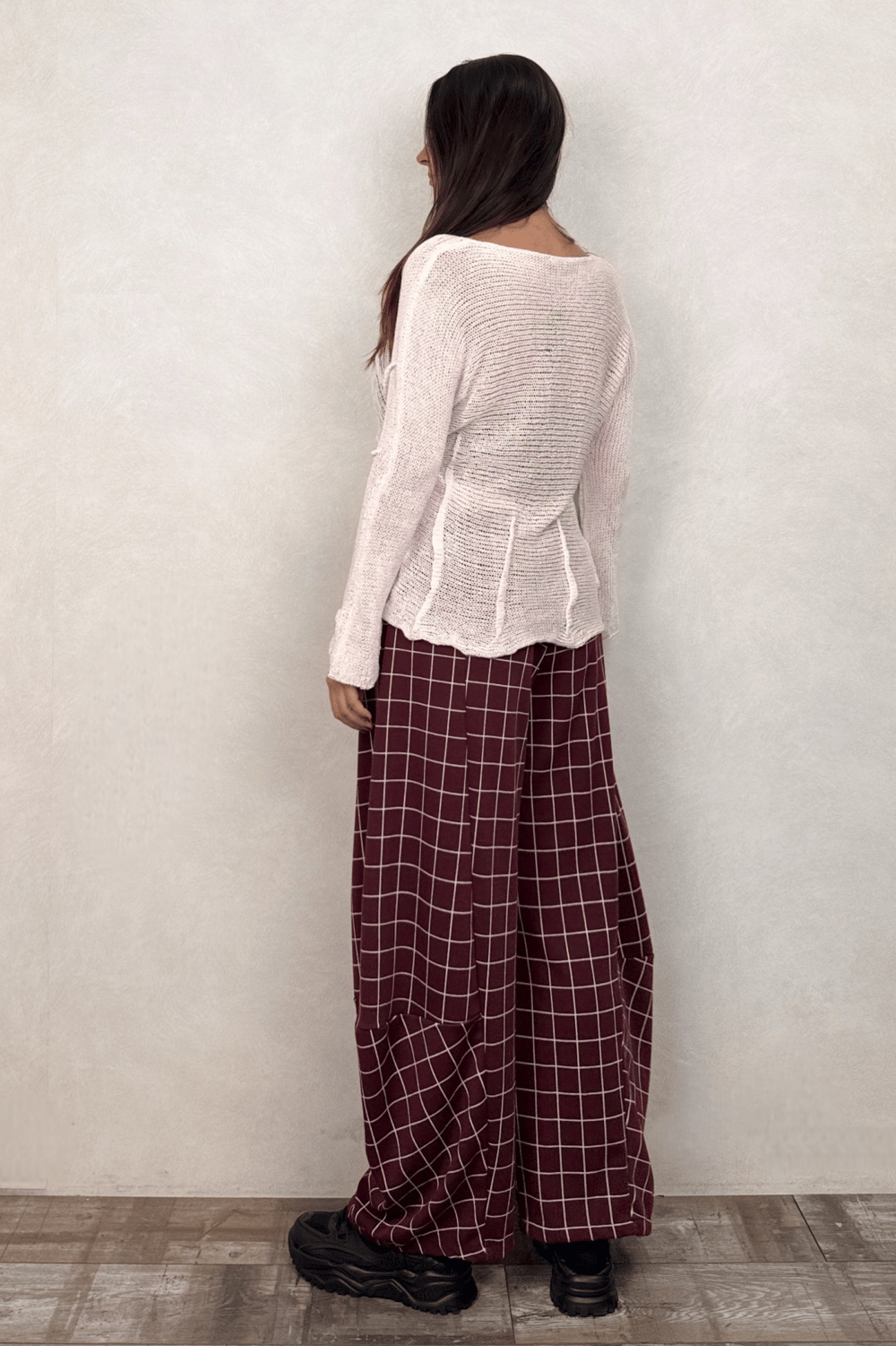 Paça Detaylı Triko Pantolon - Bordo Ekose