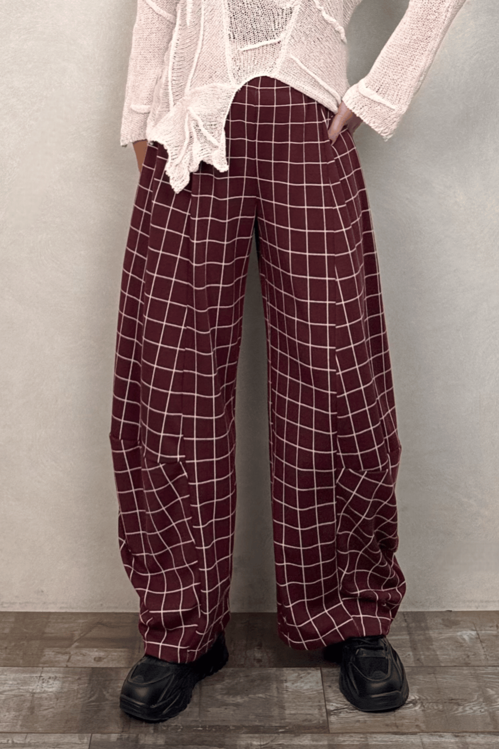 Paça Detaylı Triko Pantolon - Bordo Ekose