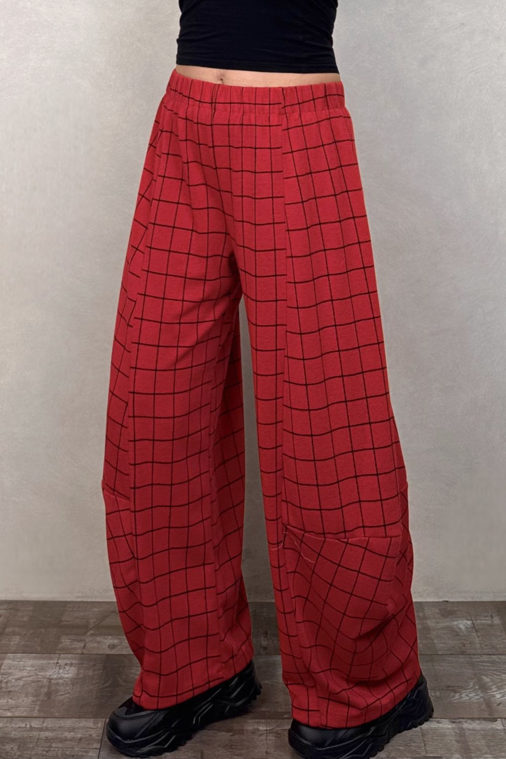 Paça Detaylı Triko Pantolon - Kırmızı Ekose