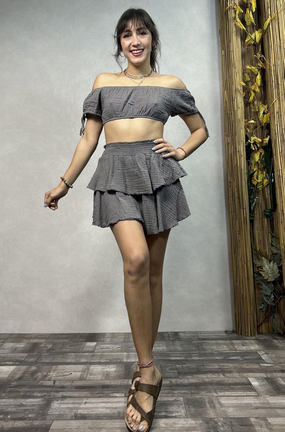 Pan Müslin Şort Etek Dark Grey - Gri