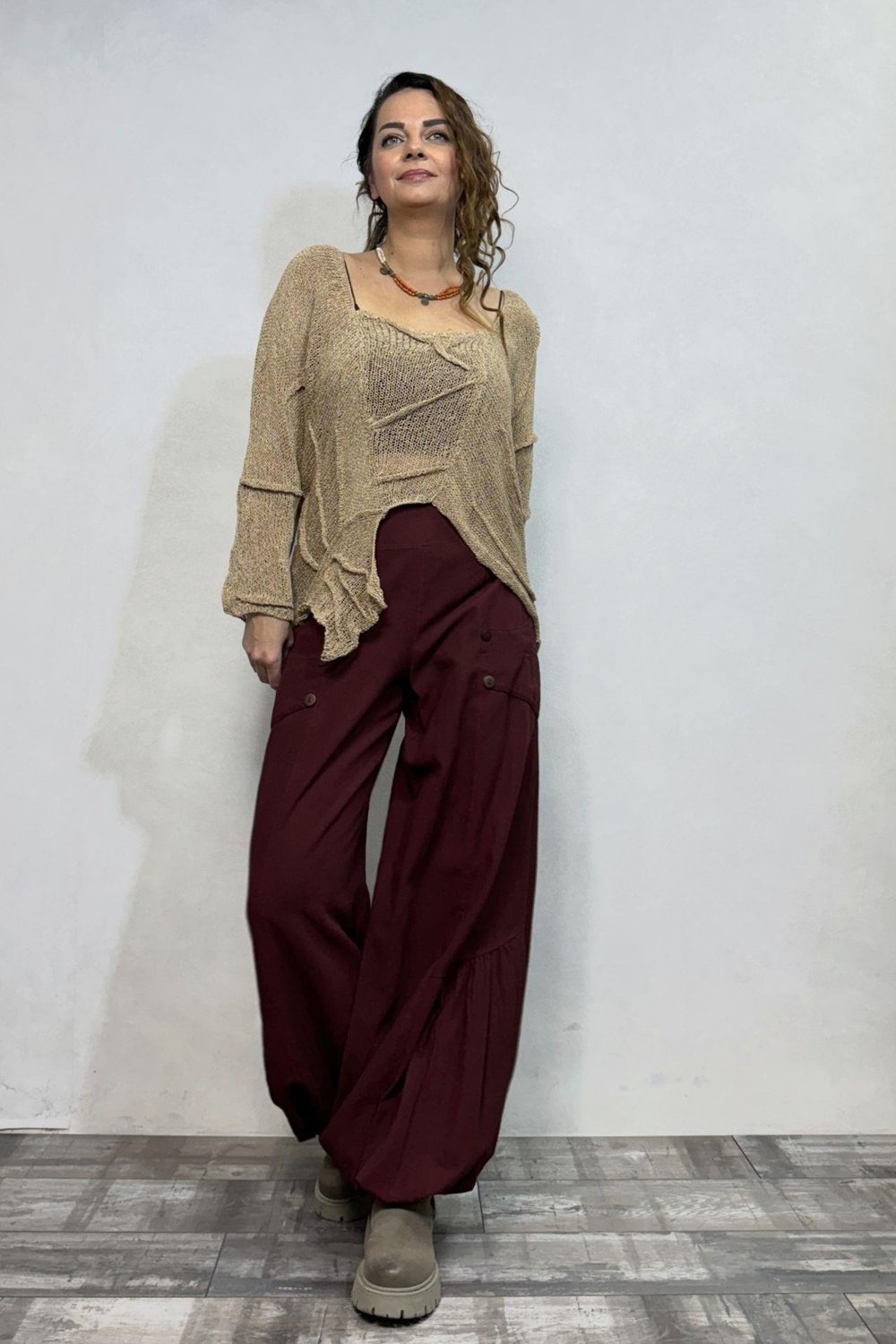 Pera Dikiş Detaylı Merserize Bluz - Camel