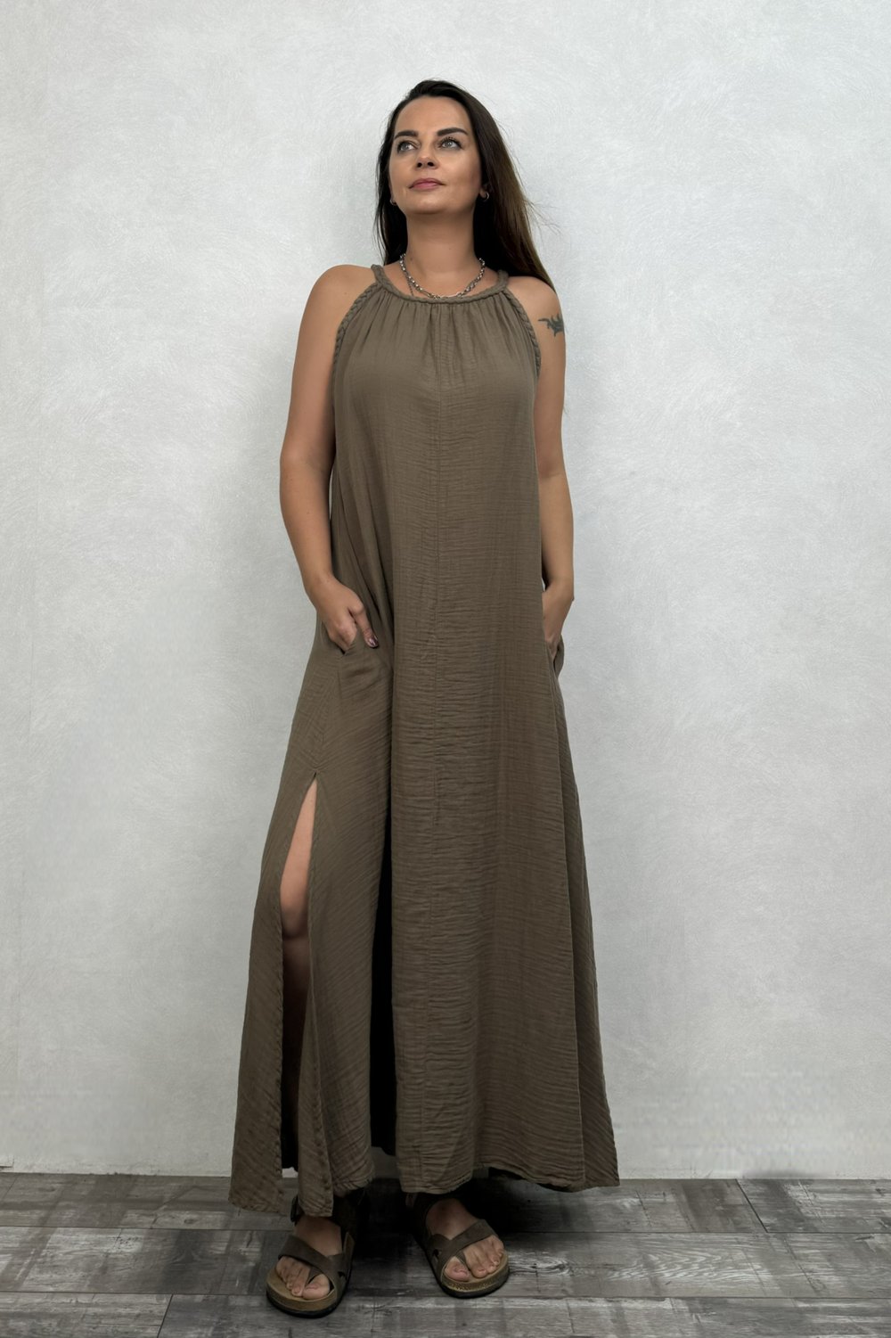 Blanca Perit Müslin Elbise - Neutral Brown Doğal Kahve