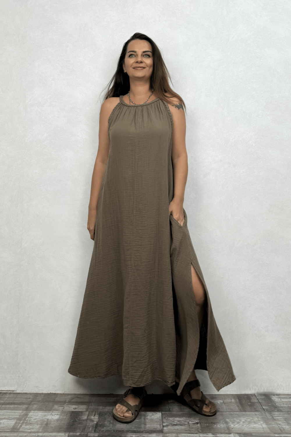 Blanca Perit Müslin Elbise - Neutral Brown Doğal Kahve